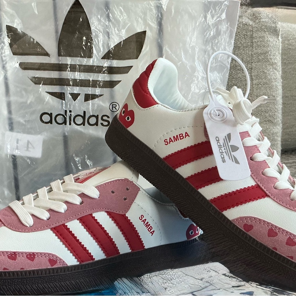 Adidas Samba Red and White Heart Sneakers